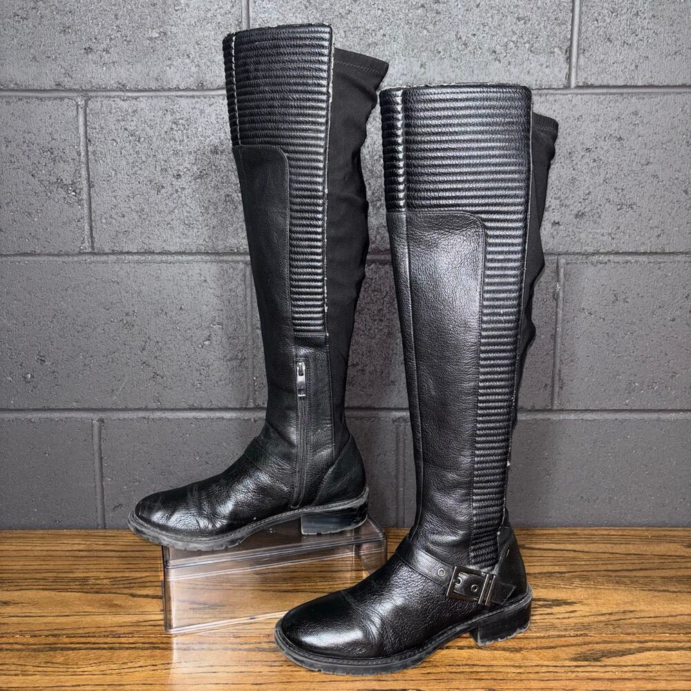 BCBGeneration Over the Knee Black Leather Boots Women’s 7 Lug Sole Stretch Tall